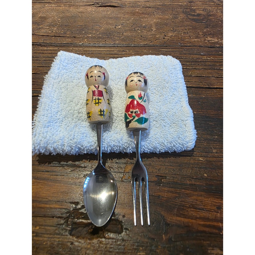 Vintage Japanese Kokeshi Doll Flatware Set 5pc Wooden Hand Painted Spoons Forks - Picture 1 of 4